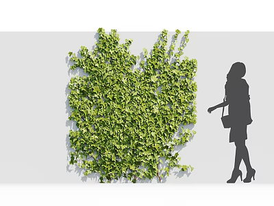 Green climbing vines covering white wall with woman silhouette in high heels carrying handbag 3d model