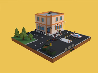 Cartoon Scene With Two Story Orange White Building Awning Trees Street And Police Car 3d model