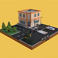 Cartoon Scene With Two Story Orange White Building Awning Trees Street And Police Car