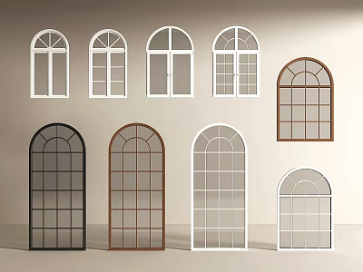 Various Arch and Grid Design Floor to Ceiling Windows in White Brown Black Colors 3d model