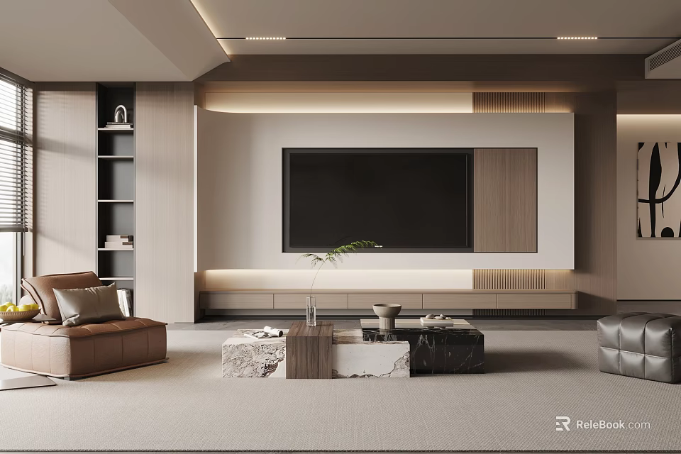 Modern Living Room TV Wall Design With Wooden Panels Marble Shelves And Ambient Lighting 3d model 