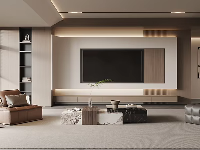 Modern Living Room TV Wall Design With Wooden Panels Marble Shelves And Ambient Lighting 3d model