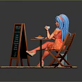 Game Movie Character With Blue Hair Sitting On Chair By Menu Chalkboard And Pebble Stones