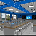 Bright Blue School Classroom with Desks Chairs Blackboard Windows and Ceiling Lighting 3d model