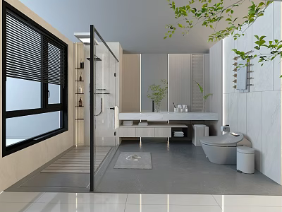 Modern Bright Minimalist Bathroom Design With Glass Shower Enclosure Smart Toilet And Floating Vanity 3d model