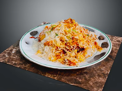 Delicious Fried Rice With Vegetables And Meat On White Decorative Edge Plate Over Brown Placemat 3d model
