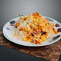 Delicious Fried Rice With Vegetables And Meat On White Decorative Edge Plate Over Brown Placemat