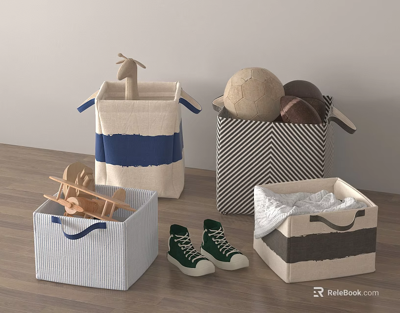 Stylish Fabric Storage Baskets With Various Designs For Organizing Toys Shoes And Accessories 3d model 