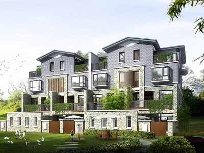 Modern Multilevel Townhouse Exterior With Balconies Lawn Courtyard And Surrounding Greenery 3d model