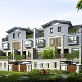 Modern Multilevel Townhouse Exterior With Balconies Lawn Courtyard And Surrounding Greenery