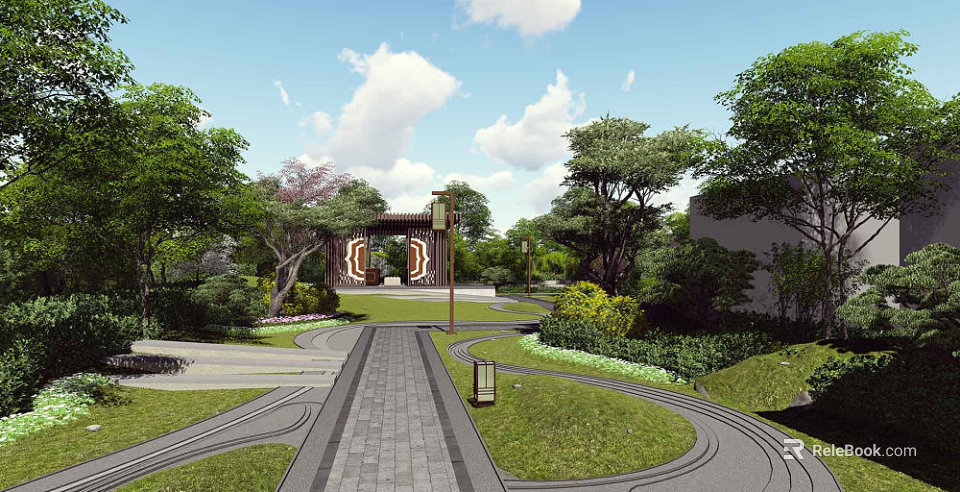 Beautiful Water Fountain in Garden with Lush Trees Stone Pathway and Green Lawn 3d model 
