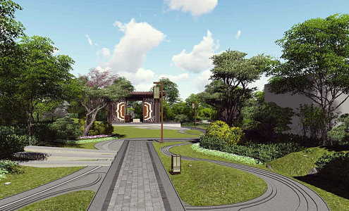 New Chinese style garden landscape characteristic demonstration area outdoor square building fountain 3d model