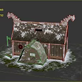Cartoon Scene of Small Wooden Cabin With Snow Covered Roof and Green Grass