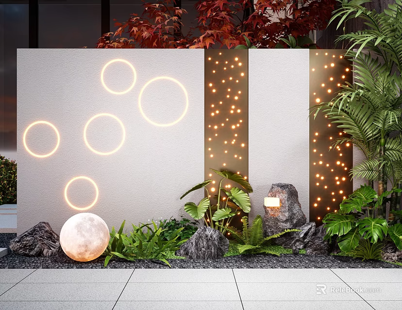 Modern Feature Wall with Illuminated Circular Lights String Lights and Moon Decoration with Green Plants and Stones 3d model 