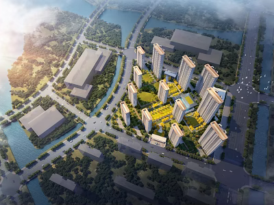Aerial View Planning of Urban Layout with High Rise Buildings Rivers Roads and Green Spaces 3d model