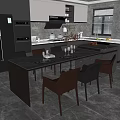 Modern Kitchen Dining Table Set With Dark Wood Top Leather Chairs And Marble Countertop