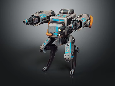 Futuristic Multi Legged Mechanical Robot With Twin Cannons Blue Gray Design And Glowing Lights 3d model