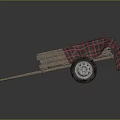Wooden Wheelbarrow Covered With Red And Black Plaid Cloth And Blue White Items Inside