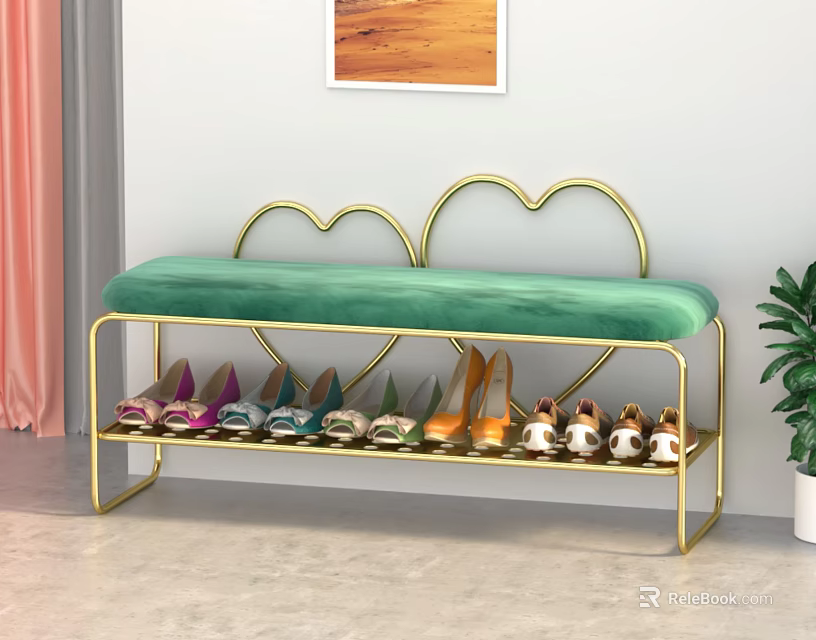 Modern Golden Frame Heart Shaped Backrest Green Velvet Sofa Bench With Shoe Shelf 3d model 