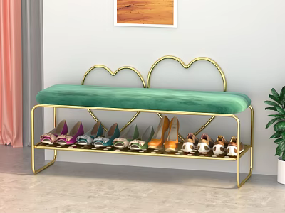 Modern Golden Frame Heart Shaped Backrest Green Velvet Sofa Bench With Shoe Shelf 3d model