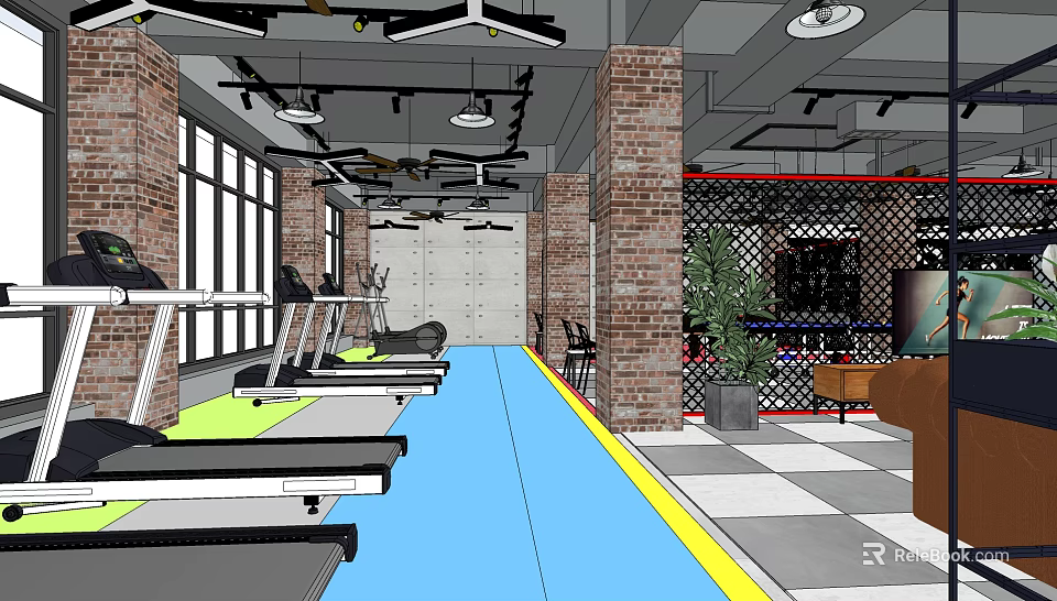 Modern Fitness Gym Interior With Treadmills Brick Walls Large Windows And Green Plants 3d model 