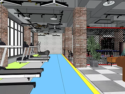 Modern Fitness Gym Interior With Treadmills Brick Walls Large Windows And Green Plants 3d model