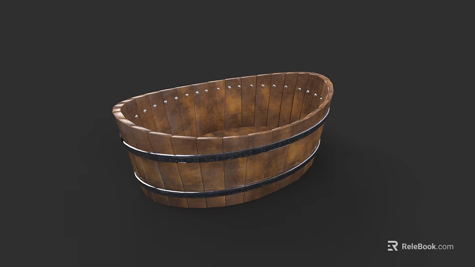 Wooden Oval Bathtub With Metal Hoops And Rustic Traditional Design 3d model 