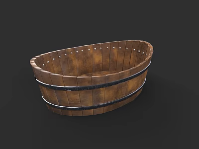 Wooden Oval Bathtub With Metal Hoops And Rustic Traditional Design 3d model