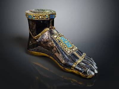 Antique Decorative Foot Shaped Household Item With Gold Trim And Blue Inlays 3d model