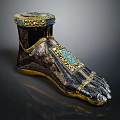 Antique Decorative Foot Shaped Household Item With Gold Trim And Blue Inlays