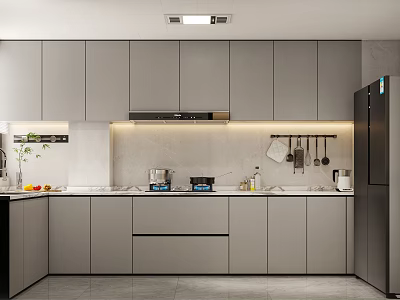 Modern Kitchen With Gray Cabinets Stone Countertop And Built in Appliances Design 3d model