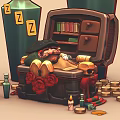 Decorative Ornament Set With Green Bottles Open Chest And Small Decorative Pieces