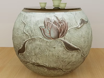 Round Shaped Entertainment Table With Carved Lotus Flower And Small Cups On Top 3d model