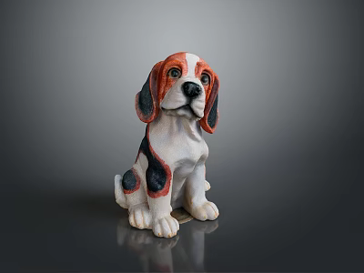 Red White Black Sitting Dog Ceramic Sculpture On Gray Shiny Surface 3d model