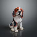 Red White Black Sitting Dog Ceramic Sculpture On Gray Shiny Surface