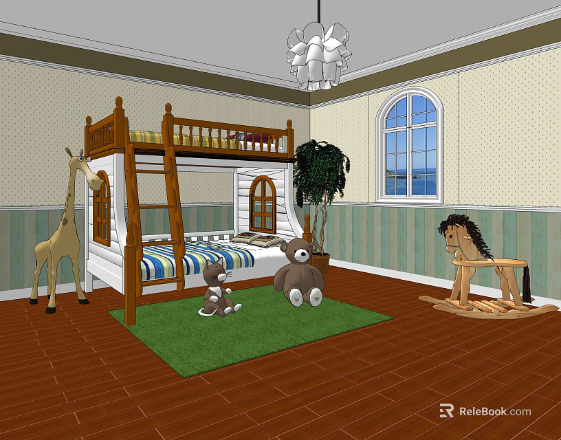 Cozy Bunk Bed In Kids Room With Stuffed Toys Green Rug And Wooden Floor 3d model 