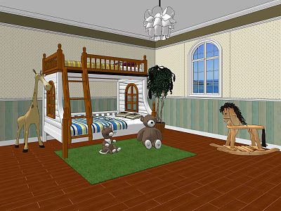 Cozy Bunk Bed In Kids Room With Stuffed Toys Green Rug And Wooden Floor 3d model