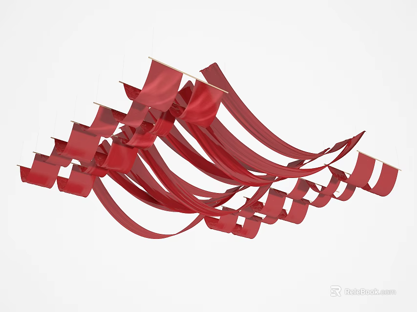 Elegant Red Ceiling Drapery With Flowing Hanging Decorative Ribbons And Wavy Design 3d model