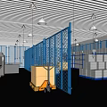 Industrial Warehouse Interior With Blue Metal Fences Racking White Cartons And Pallet Jacks