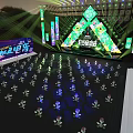Illuminated Concert Stage With Triangular Structure Green Lights And Audience Seats 3d model
