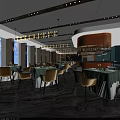 Modern Restaurant Interior Design With Gold Chairs Chandeliers Table Settings And Bar Counter