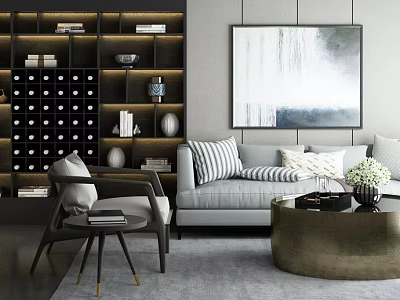 Stylish Gray Sofa and Coffee Table Set with Striped Cushions Abstract Art and Dark Bookshelf 3d model