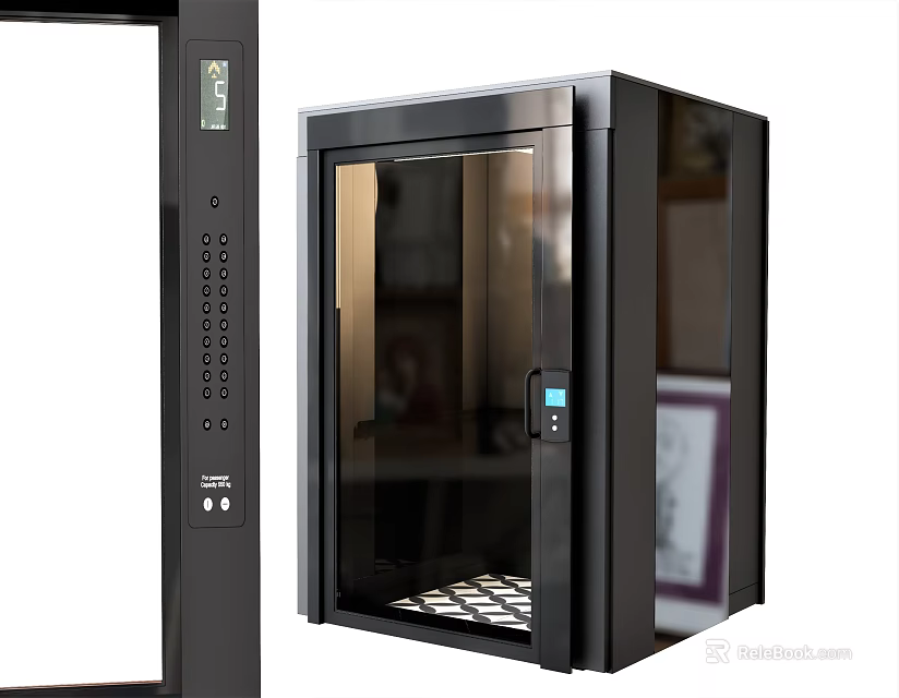 Modern Black Elevator Design With Glass Door And Control Panel 3d model 
