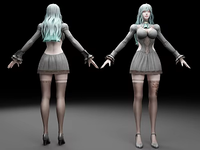 3D Female Character with Light Blue Hair Gray Dress Stockings High Heels Front Back View 3d model