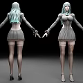 3D Female Character with Light Blue Hair Gray Dress Stockings High Heels Front Back View