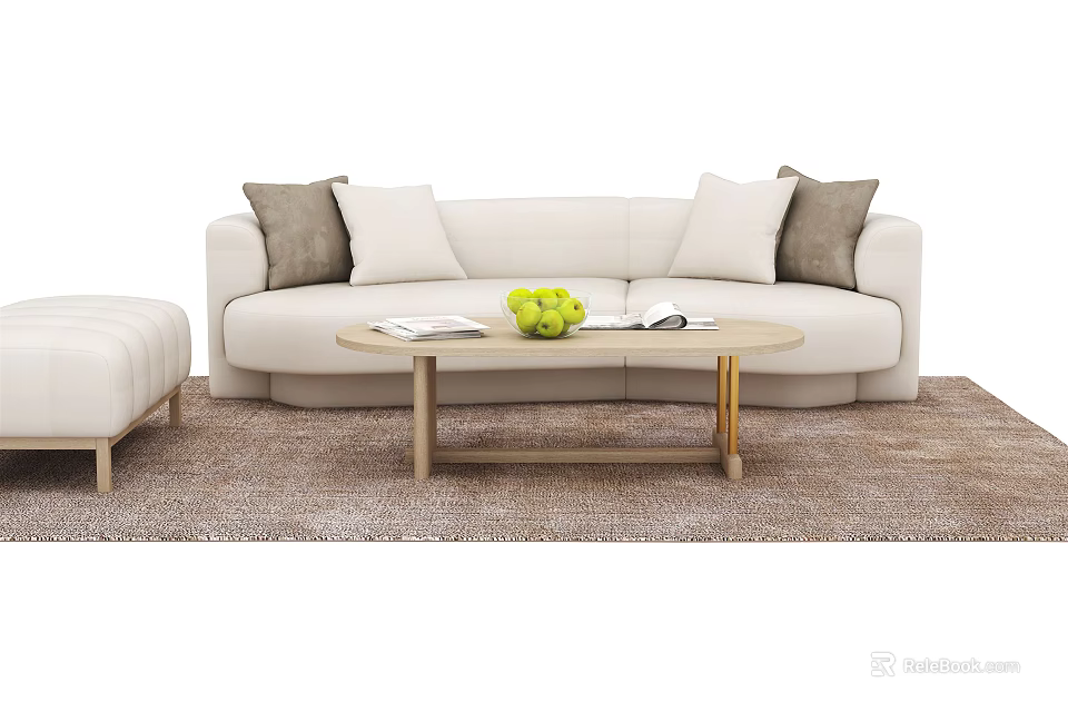 Beige Sofa and Coffee Table Set with Multiple Cushions Wooden Top Gold Legs Fruits Magazines 3d model 