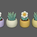 Cute Potted Succulents With White Flowers In Colorful Purple Cream Yellow Planters