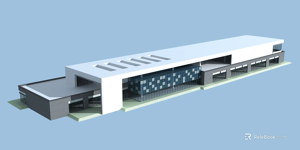 Modern Commercial Street With Glass Facade Flat Roof And Retail Shop Entrances 3d model 