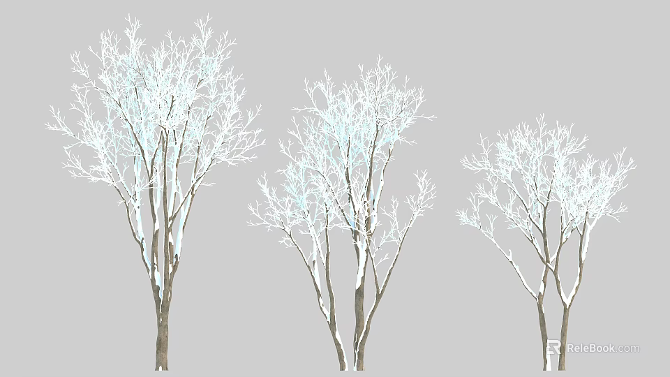 Three Snow Covered Trees With Bare Branches In Winter Scene 3d model