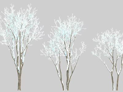 Three Snow Covered Trees With Bare Branches In Winter Scene 3d model